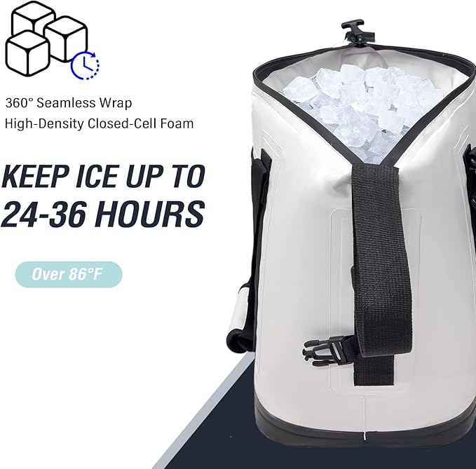 Buffalo Gear Fish Cooler Bag – 24Qt Seamless Insulation Kill Bag, Keeps Ice Cold Up to 36 Hours, Foldable & Waterproof with Rod Attachment Straps & Gear Loops, White