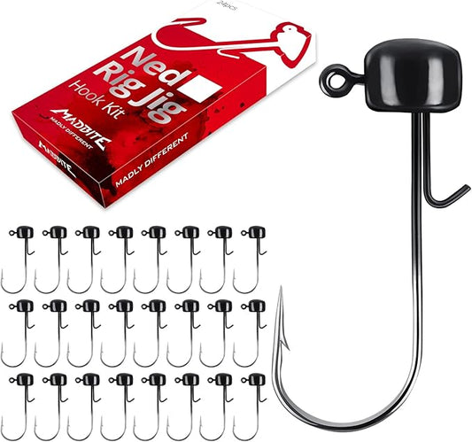 MadBite by KastKing Ned Rig Jig Heads for Soft Fishing Lures, 24-Pack Finesse Standard Mushroom Stand-up Ned Heads Kit, Needle Point Saltwater & Freshwater Versatility Ned Rig Hooks 1/8, 1/16, 3/16 oz