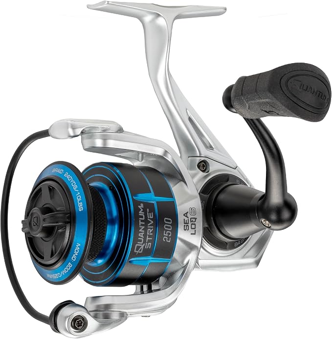 Quantum Strive Spinning Fishing Reel, Rigid Aluminum Frame, Graphite Rotor, Sealed Design, CFX200 Carbon Fiber Xtreme Drag, Silver/Blue