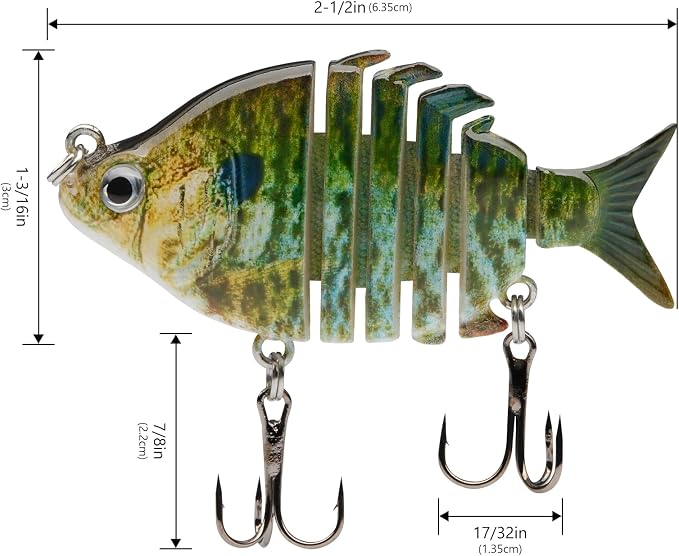 Bassdash SwimPanfish 2.5”/0.34oz Hard Bluegill Swimbaits Multi Jointed Topwater Trout Bass Fishing Crank Lure,Pack of 4