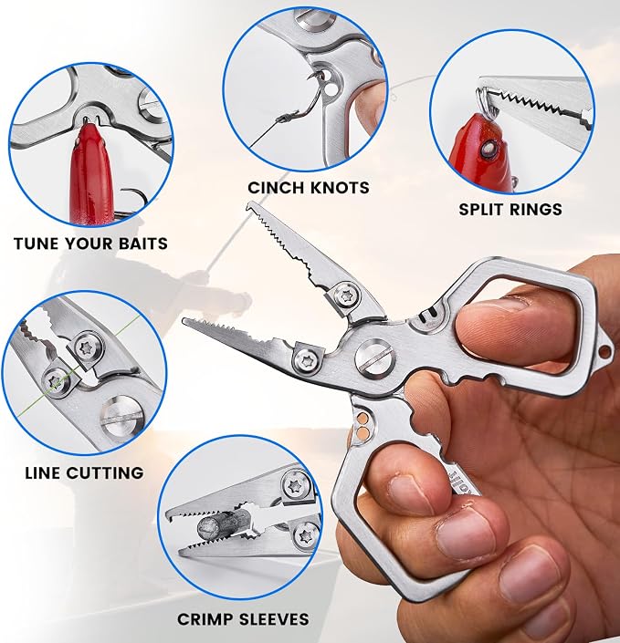 4 inch Fishing Pliers Saltwater, Stainless Steel Fishing Pliers with Split Ring, Fish Hook Remover, Tungsten Carbide Cutters, Fishing Gift for Men