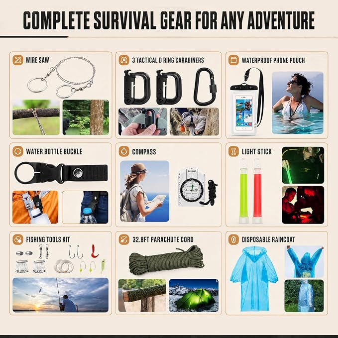 Survival Kit, 250Pcs Survival Gear First Aid Kit with Molle System Compatible Bag and Emergency Tent, Emergency Kit for Earthquake, Outdoor Adventure, Hiking, Hunting, Gifts for Men Women