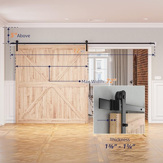 SMARTSTANDARD 12ft Barn Door Hardware Kit - Heavy Duty Sturdy, Quiet Sliding Track - Easy to Install, Fits 72" Wide Door Panel (I Shape Hanger)