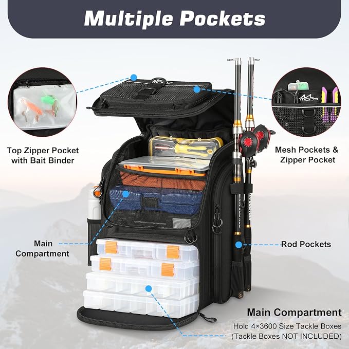MoKo Fishing Backpack Bag, Large 40L Tackle Backpack with Rod Holders & Bait Binder Storage Fishing Gear and Equipment for Hiking Camping, Gifts for Men Father, Black