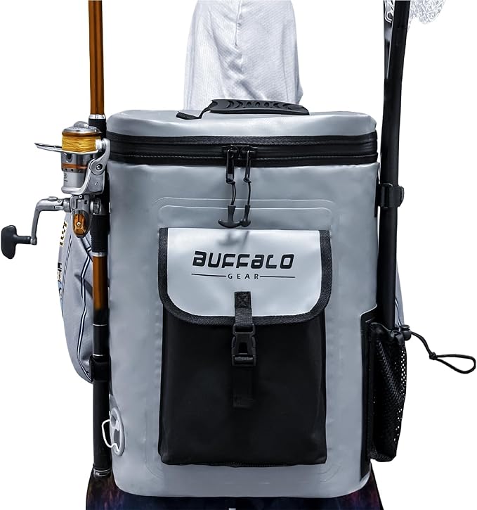 Buffalo Gear Fish Cooler Backpack 32Qt Waterproof Fishing Backpack Cooler Portable Fish Bag, Keep Ice Cold More Than 24 Hours