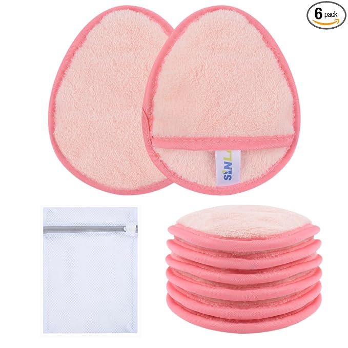 SINLAND Reusable Makeup Remover Pads For Face,Eye,Lips Microfiber Gentle Facial Cleansing Cloths for All Skin Types Friendly for Makeup Remover With Laundry Bag 5.1inchx3.93inch Pink Pack of 6