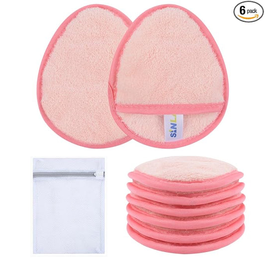SINLAND Reusable Makeup Remover Pads For Face,Eye,Lips Microfiber Gentle Facial Cleansing Cloths for All Skin Types Friendly for Makeup Remover With Laundry Bag 5.1inchx3.93inch Pink Pack of 6