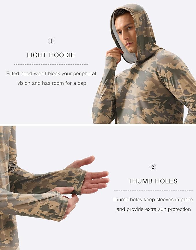 Pudolla Men's Sun Protection Hoodie Shirts UPF 50+ Rash Guard SPF Long Sleeve Fishing Shirt for Men Swim Hiking Boating