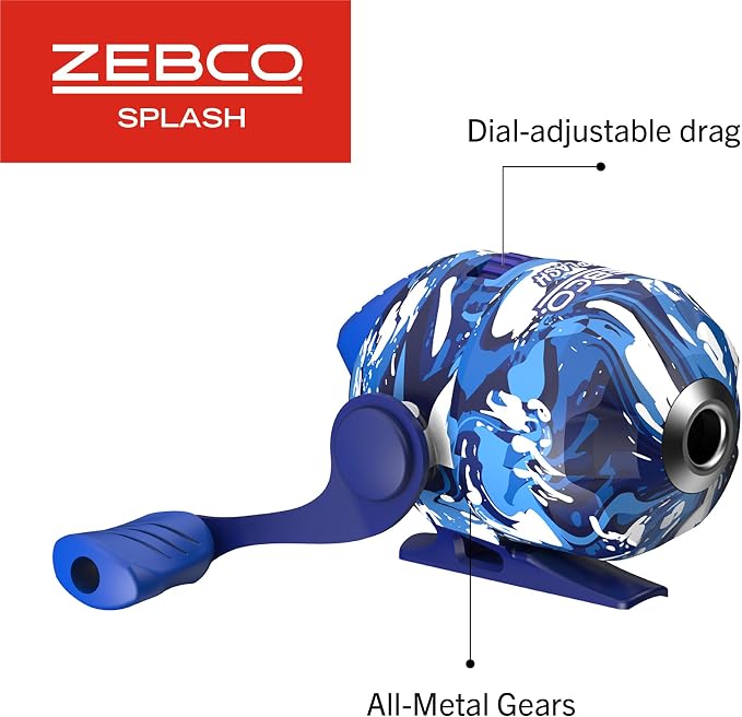 Zebco Splash Spincast Reel and Fishing Rod Combo, Fiberglass Rod, Ball Bearing System, All Metal Gears, 8-Pound Line