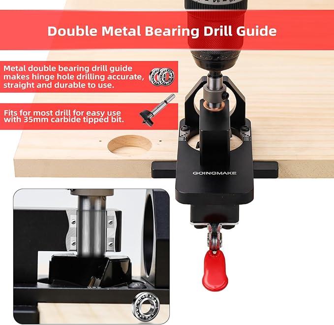 GOINGMAKE Compact Metal Concealed Hinge Jig with Quick Clamp,35mm Cabinet Hinge Jig with Dust Adapter for Cabinet Hinge Mounting,Woodworking Cabinet Door Hinge Jig Drill Guide Cabinet Hardware Jig