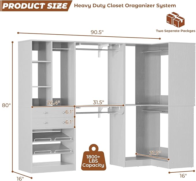 Closet System with 2 Drawers, 5 Hanging Robs, 4 Adjustable Shelves, 90.5"*31.5" Closet Organizer System with Corner Tower, L-shape Walk-in Closet System, Corner Closet System Set of 2, Morandi Grey