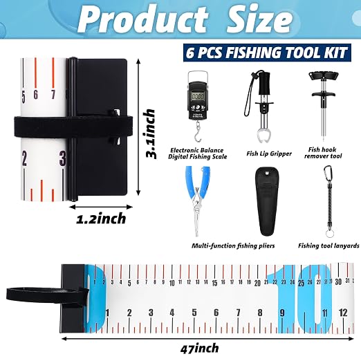 VioraWhite 7 Pcs 47 Inch PVC Fishing Ruler Bundle with Fishing Tools Easter Gifts for Men Anglers Loves Waterproof Roll-up Tape with Plier, Gripper, Hook Remover, Scale for Boat Kayak