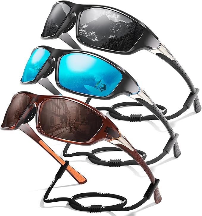 3 Pack Polarized Sports Sunglasses for Men, Mens Sunglasses Wrap Around UV Protection for Cycling Fishing Driving