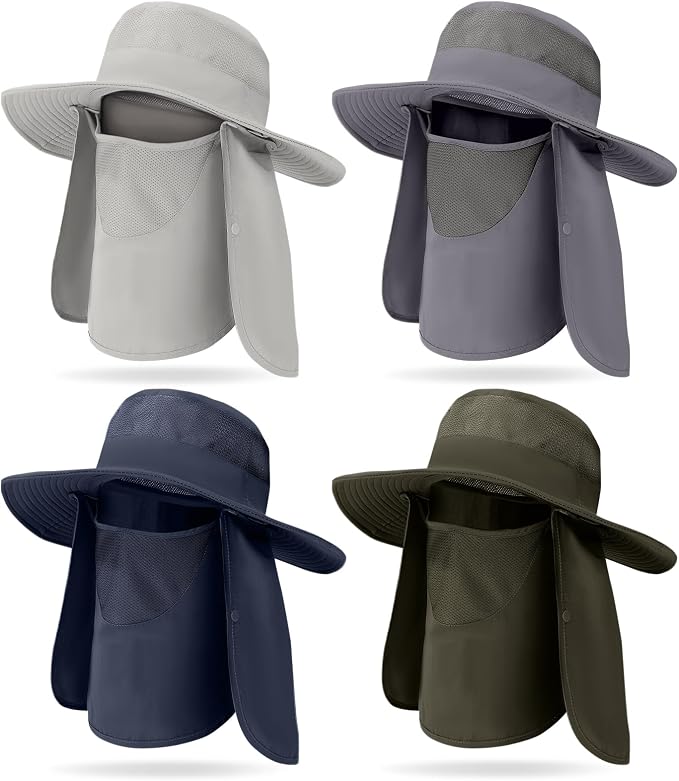 4 Pack Sun Hats for Men Women UPF 50+ Wide Brim Fishing Bucket Hat Summer Outdoor UV Protection Adjustable Neck Flap