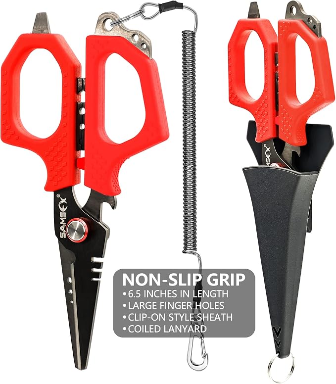 SAMSFX 6.5" Pro Fishing Shears Dual Serrated Blades, Fishing Braided Line Scissors with Titanium Coating, Non-Slip Grip & Multifunction Tool, Includes Hard Molded Locking Sheath & Coiled Lanyard