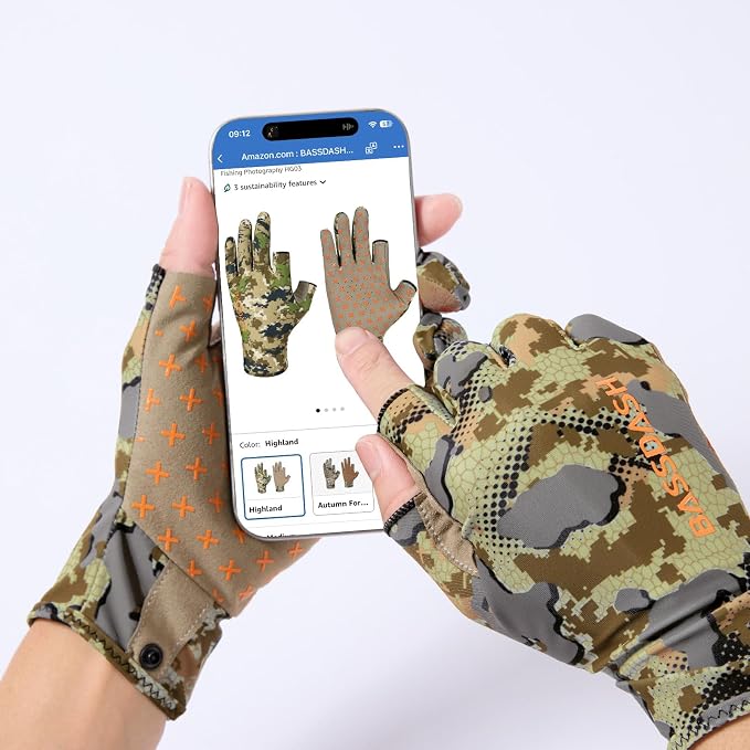 BASSDASH Unisex Fingerless Camo Hunting Gloves for Men's Women's Early Season Warm Weather UPF 50+ Lightweight Fishing Photography HG03