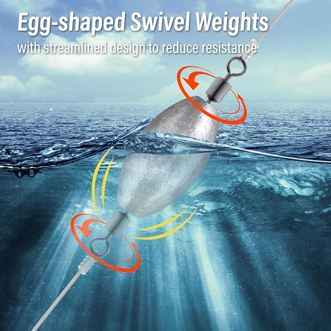 Dr.Fish 20 Pack Inline Trolling Weights Swivel Egg Sinkers Oval Line Sinker Catfishing Saltwater Freshwater Fishing