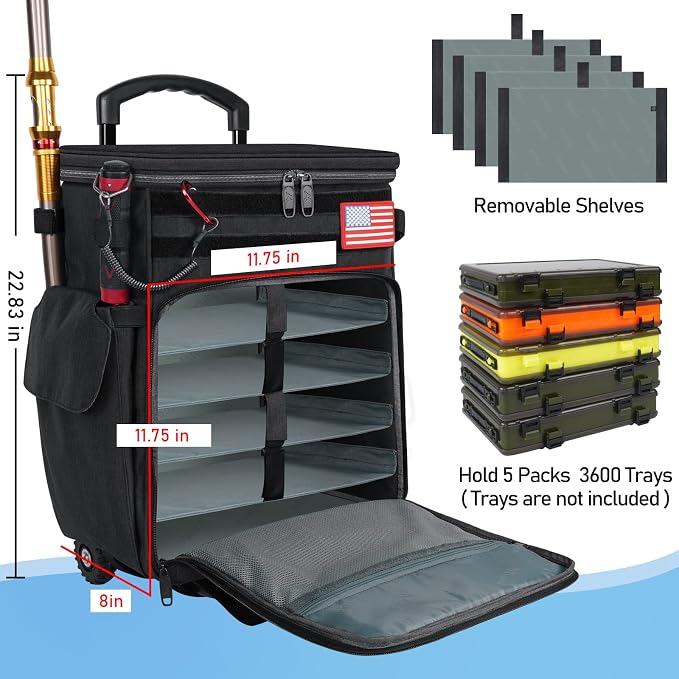 MATEIN Rolling Tackle Box with Cooler, Large Fishing Bag with Wheels for 5 Trays(Trays Not Included), Saltwater Resistant Tackle Backpack with Rod Holders for Storage Gear Pole Lures