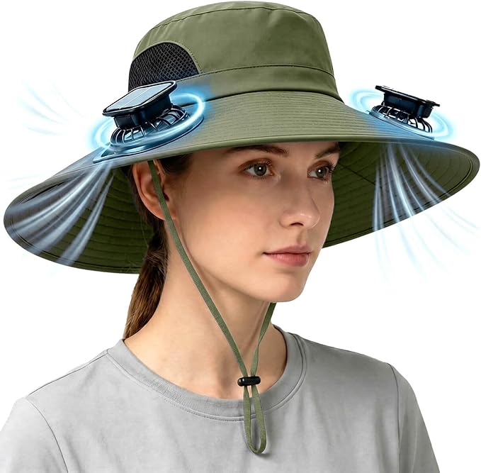 Solar Powered Fan Hat for Men Women Wide Brim Hat with 2 Fans UPF 50+ Outdoor Fishing Beach Sun Hat