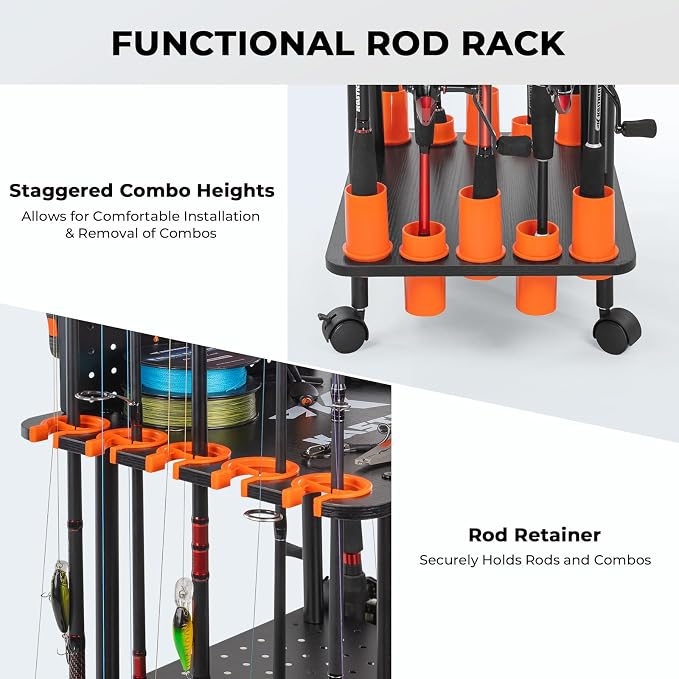 KastKing V10 Gear Trolley, Indoor Fishing Rod Holder for 10 Combos, 3-Tier Fishing Accessory Shelves With Peg Wall, Patented Built-in Line Spooler, Mobile Tackle Storage Cart With Locking Wheels