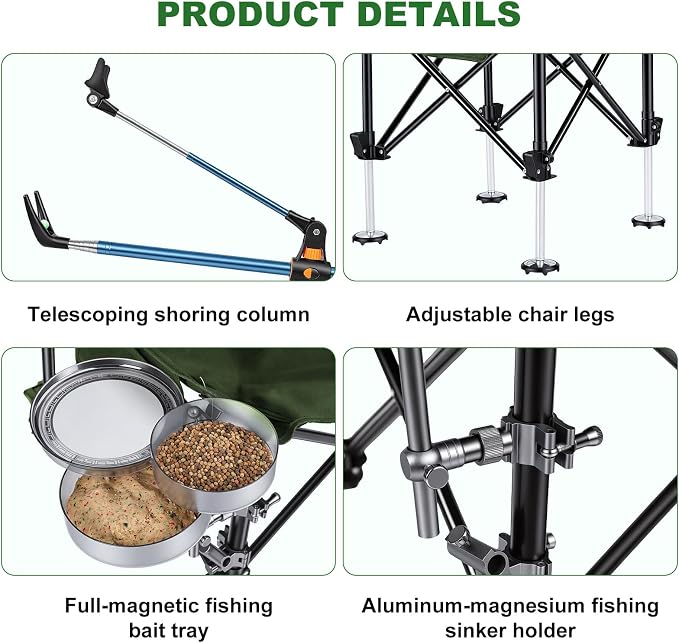 Folding Fishing Chair with Complete Accessories, Portable Camping Chair for Outdoor Fishing, 220LBS Load-Bearing, Non-Slip All-Terrain Design with Storage Bags, Carbon Steel Fishing Chair