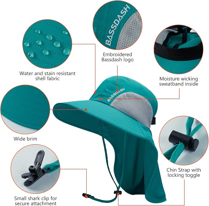 BASSDASH UPF 50+ Unisex Water Resistant Wide Brim Sun Hat with Large Neck Flap Ponytail Fishing Hat for Men Women