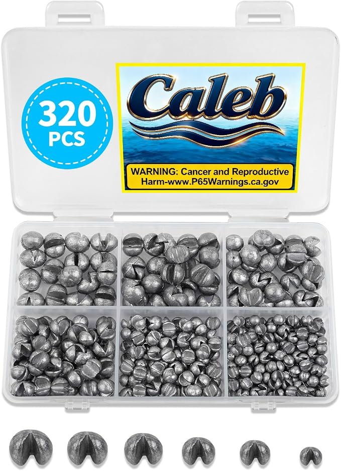 Caleb 200/320Pcs Split Shot Fishing Weights Sinkers, Removable Lead Fishing Weights, Premium Duckbill Reusable Fishing Sinkers for Freshwater Saltwater Bass Trout Fishing Accessories - 5/6 Sizes
