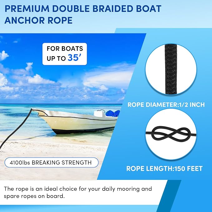 Boat Anchor Rope 150 ft x 1/2 inch Black, Double Braided Anchor Line with Stainless Steel Thimble & Shackle, Marine Rope Ideal for Towing,Mooring,Decks,Anchoring,for Boats Up to 35'