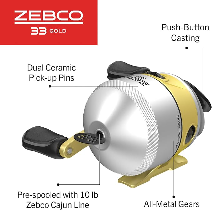Zebco 33 Gold Spincast Fishing Reel, Changeable Right or Left-Hand Retrieve, All-Metal Gears, Pre-Spooled with Zebco Cajun Fishing Line