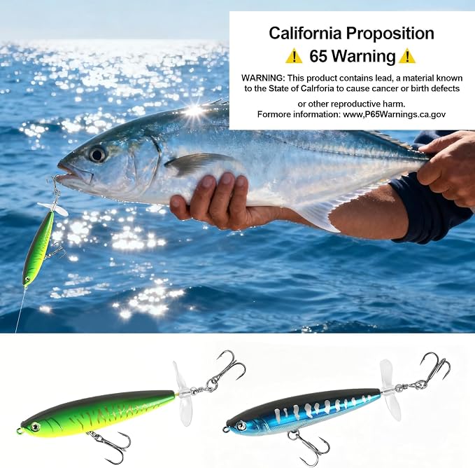 Whopper Fishing Lure for Bass：Popper Top Water Fishing Lures with Floating Rotating Tail Barb Treble Hooks Saltwater Freshwater Plopping Lures Kit