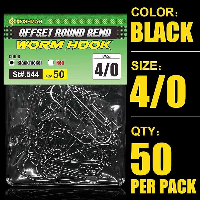 Offset-Worm-Hooks-for-Bass-Fishing-Round Bend Plastic Worms Texas Rig Hook Black Red 1/0 2/0 3/0 4/0