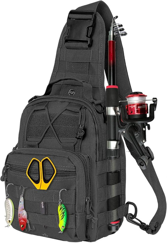 Fishing Backpack Small Fishing Tackle Storage Bag with 3 Methods of Carrying Large Capacity Sling Backpack for Outdoor Hiking Travel Hunting (Black)