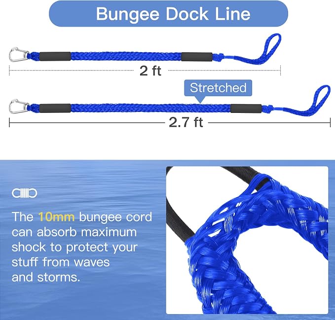 Boat Bungee Dock Lines, 2 Feet PWC & Jet Ski Dock Line, Heavy-Duty Mooring Ropes for Docking, Pack of 2