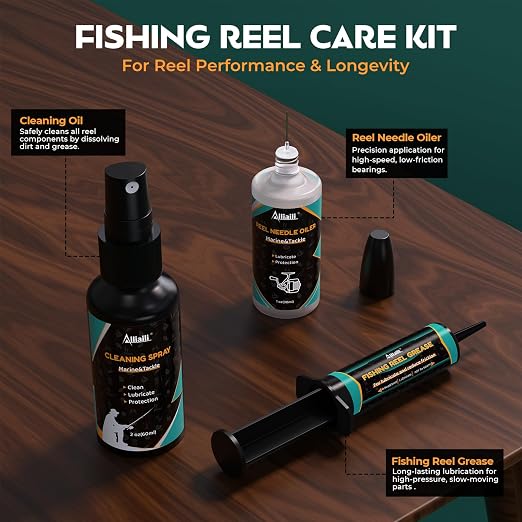 Fishing Reel Oil Kit - Reel Care Kit with 1oz Needle Oiler, 0.9oz Reel Grease, 2oz Cleaning Oil for Lubricate, Protect & Clean - Fishing Gear Maintenance Cleaning Set for Father’s Day