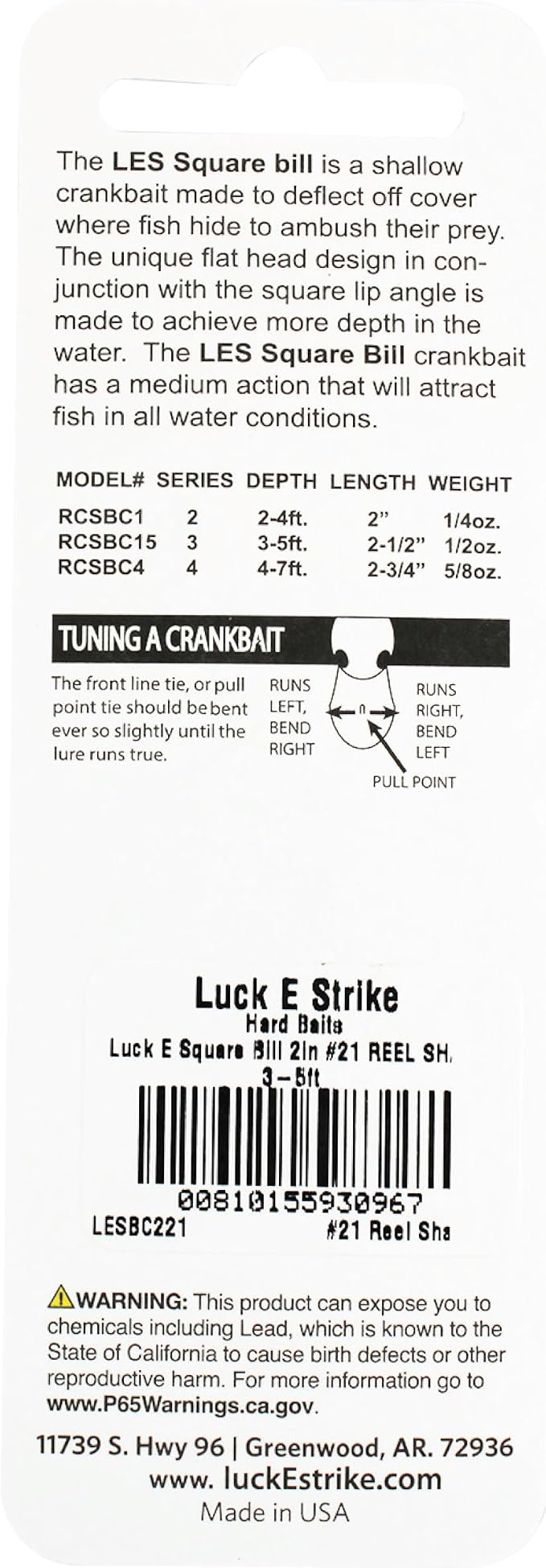 Luck E Strike 2 Inch Square Bill Crankbait, Made in The USA