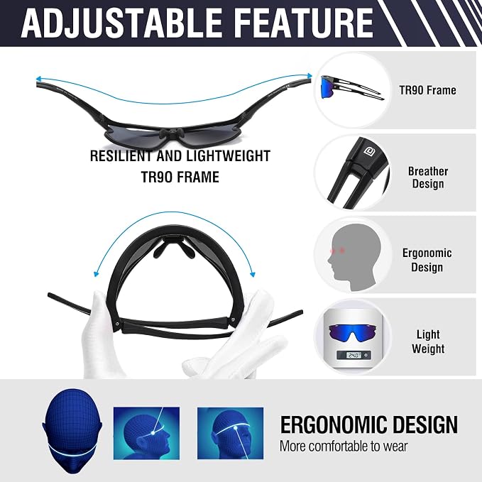 DUCO Polarized Sports Sunglasses for Men Women: UV400 Protection 24g Wrap Around Glasses for Baseball Running Hiking DC0023