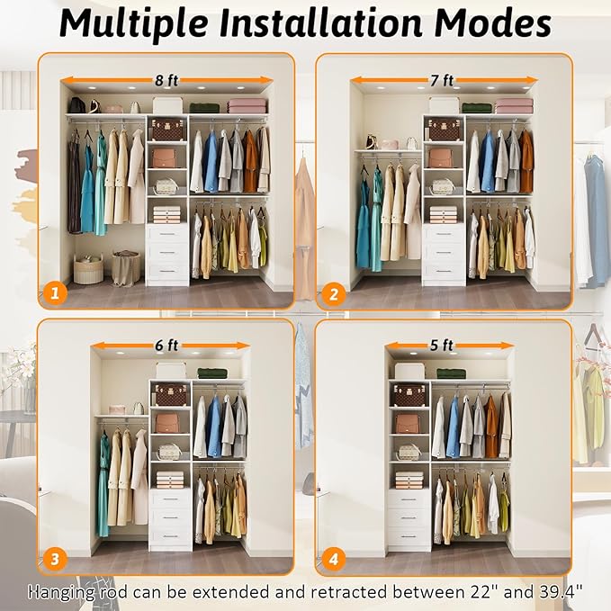 96 inch Closet System with Wooden Drawers, 5FT-8FT Closet Organizer System with Shelving Tower, Walkin Closet System with Expandable Hanging Rods & Movable Shelves, Wall Mount, 96”*14.8”*81”,White
