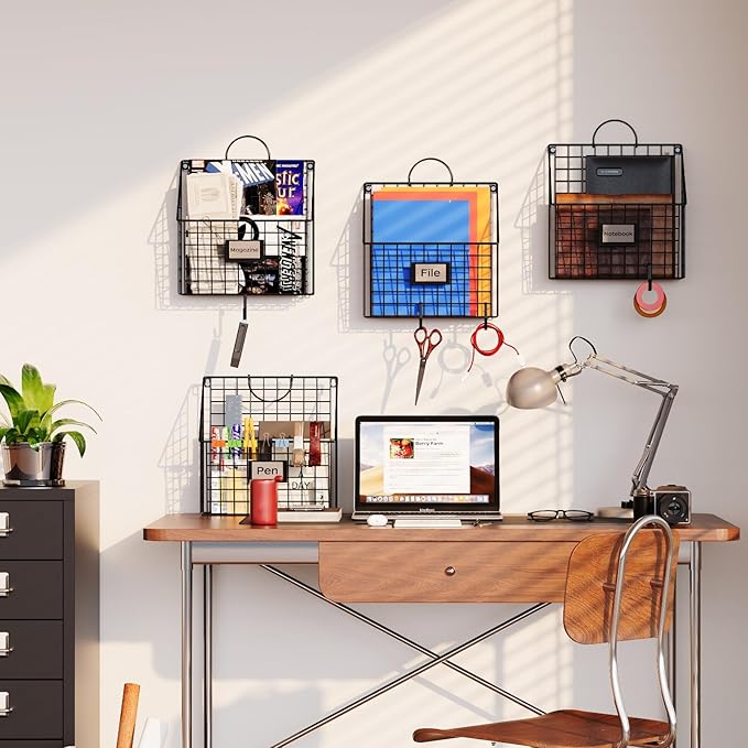 Hanging Wall File Holder Organizer Metal Wall Mount File Folders Holder Magazine Rack with Handles and Hooks , for Home Office, 4 Packs, Black (Patent Pending)