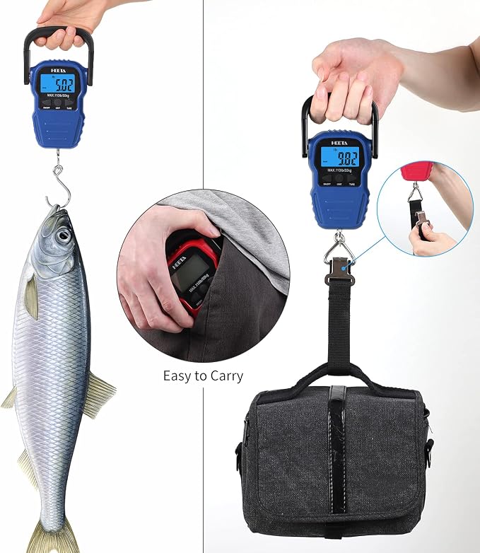 HEETA Fish Scale with Backlit LCD Display, Up to 110lb/50kg Digital Portable Hanging Fish Weight Scale with Hook & Measuring Tape for Home, Farm, Outdoor, Hunting, Fishing, 2 AAA Batteries Included