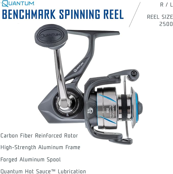 Quantum Benchmark Spinning Fishing Reel, 5+1 Bearings, Aluminum Frame, SEALOQ 6 Protection, GEARTEQ Machined Gears, CFX200 Carbon Fiber Drag, Silver/Blue