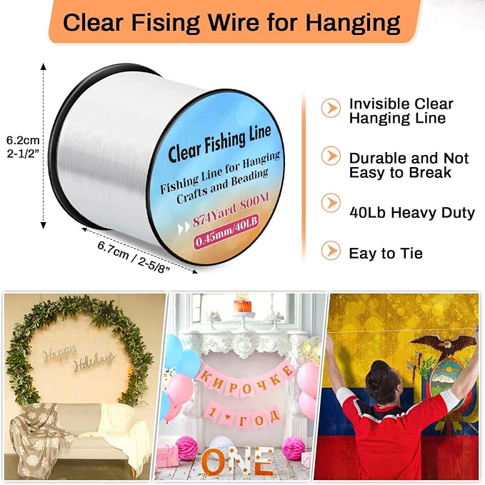 Strong Fishing Line Clear, Acejoz Fishing Wire 0.3mm, 0.45mm, 0.8mm Invisible Hanging Wire Nylon String Heavy Duty Monofilament Line for Hanging Decoration Balloon Garland Crafts