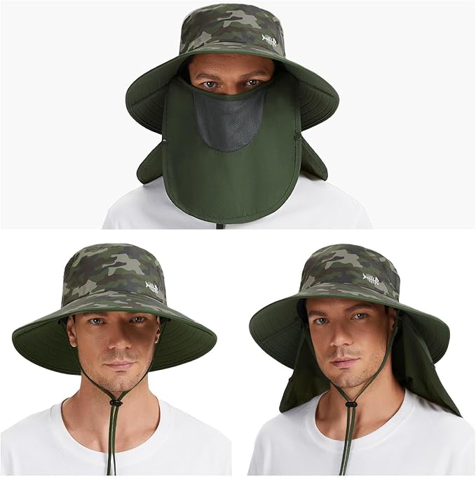 BASSDASH UPF 50+ Breathable Sun Hat with Removable Face Cover and Neck Flap Wide Brim Bucket Hat for Fishing Hiking Men Women