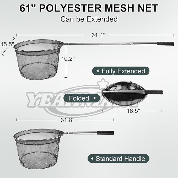 Yeahmart Fishing Landing Net with Telescopic Aluminum Handle Pole, Collapsible Nylon Mesh Minnow Fish Net for Saltwater & Freshwater, Portable Fishing Gear for Kids, Men, Women, Extends 21-75 Inches