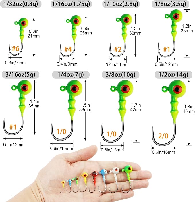 Dovesun Jig Heads for Fishing, Painted Jigheads with 3D Eye Ball Glowing Walleye | Bass | Crappie jigs 1/2oz 3/8oz 1/4oz 1/5oz 1/8oz 1/10oz 1/16oz 1/32oz Fishing Jig Hooks Assortment 15-40pcs