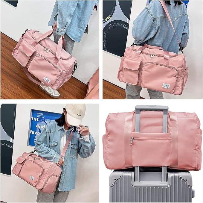 Suruid Travel Yoga Duffel Bag with Shoes Compartment Sports Gym Handbag with Dry Wet Separated Pocket for Training Men and Women, Overnight /Weekender Bag - Pink