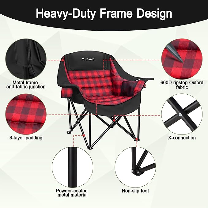 Youtanic Oversized Extra Large Padded Camping Chair, Heavy Duty 400 lbs Foldable Lawn Chair, Ergonomic Outdoor Seat with Plaid Design, Cup Holders & Storage Pockets for Fishing, Sports, Red-Black