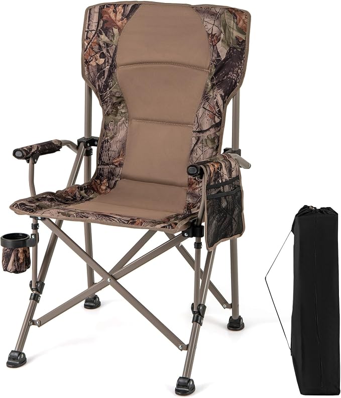 Goplus Folding Camping Chair, 400 LBS Support Lawn Chair w/Armrests with Covers, Cup Holder & Storage Pocket, Adjustable Feet, Portable Camp Chair with Carrying Bag, for Fishing Hunting Picnic