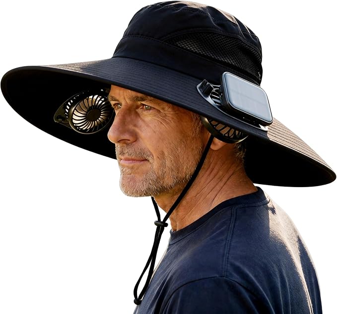 Solar Fan Fishing Hat 2 Fans – UPF 50+ UV Protection, Adjustable Bucket Hat for Outdoor