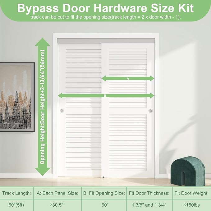 5FT/60(Double 2.5FT) Bypass Door Hardware, Aluminum Double-Closing Sliding Closet Door Hardware with Finger Pull Included, Smoothly and Quietly, Fit Door Thickness 1 3/8" or 1 3/4", Silver