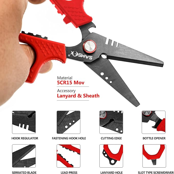 SAMSFX 6.5" Pro Fishing Shears Dual Serrated Blades, Fishing Braided Line Scissors with Titanium Coating, Non-Slip Grip & Multifunction Tool, Includes Hard Molded Locking Sheath & Coiled Lanyard